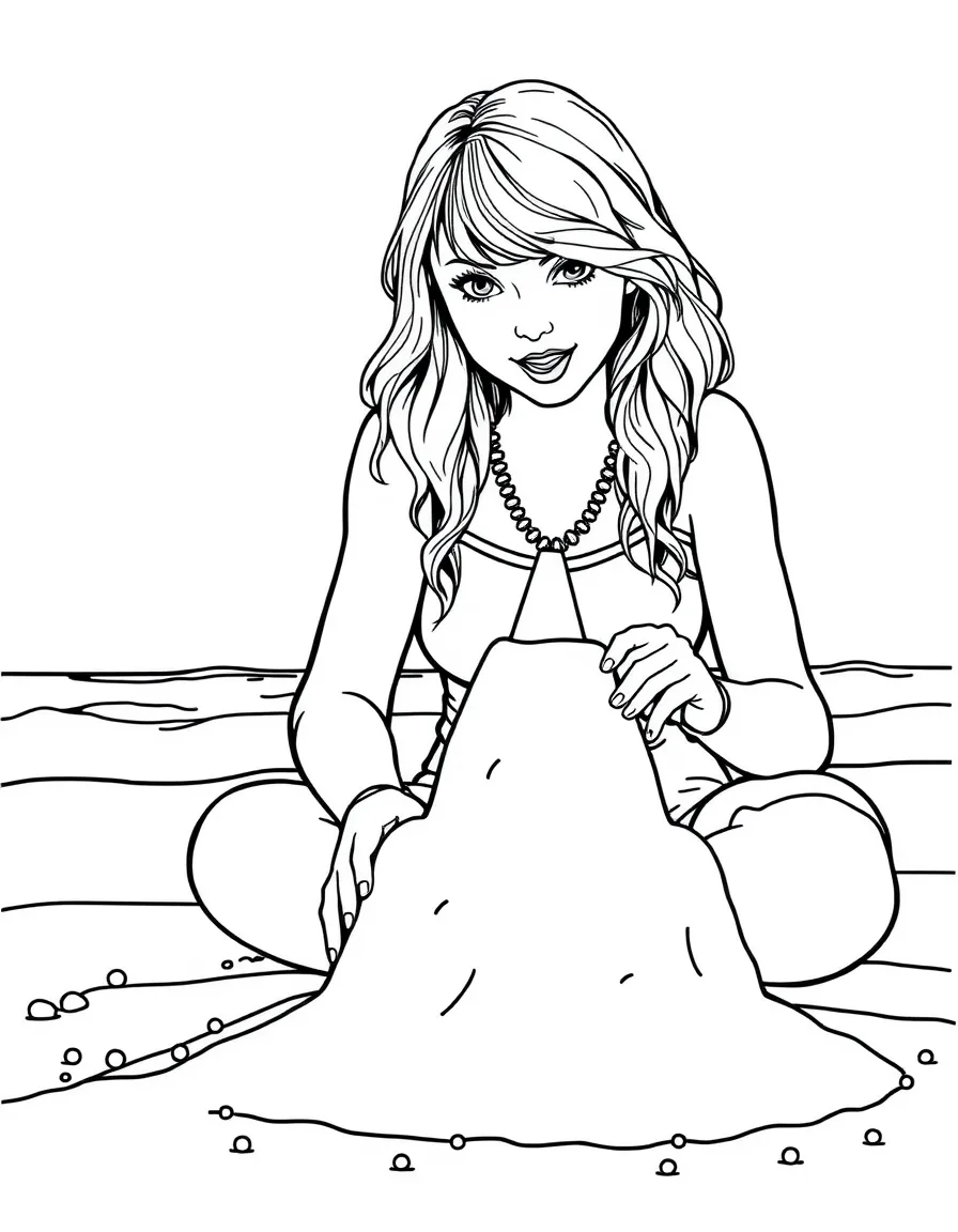 Taylor Swift building a sandcastle at the beach – a fun and kid-friendly coloring page.
