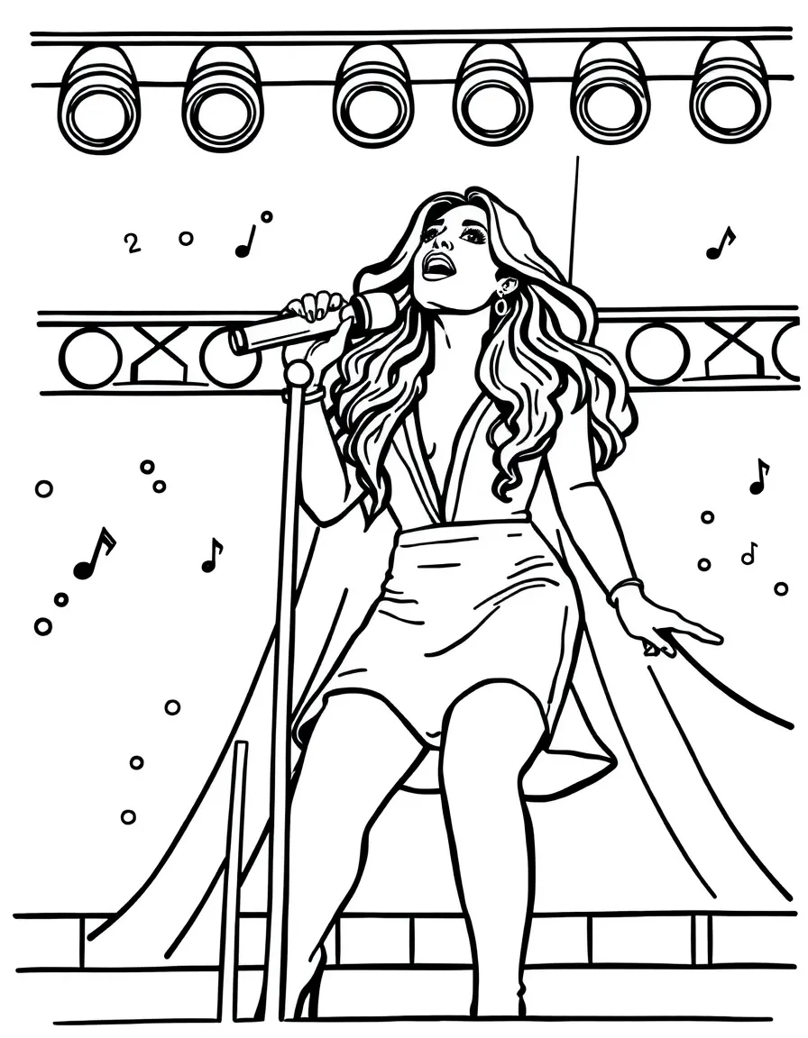 Jennifer Lopez singing on a big concert stage with musical notes and lights – a fun and kid-friendly coloring page.