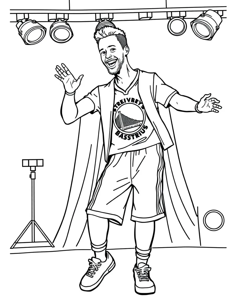 Stephen Curry dancing on a stage with spotlights and fun outfits – a fun and kid-friendly coloring page.