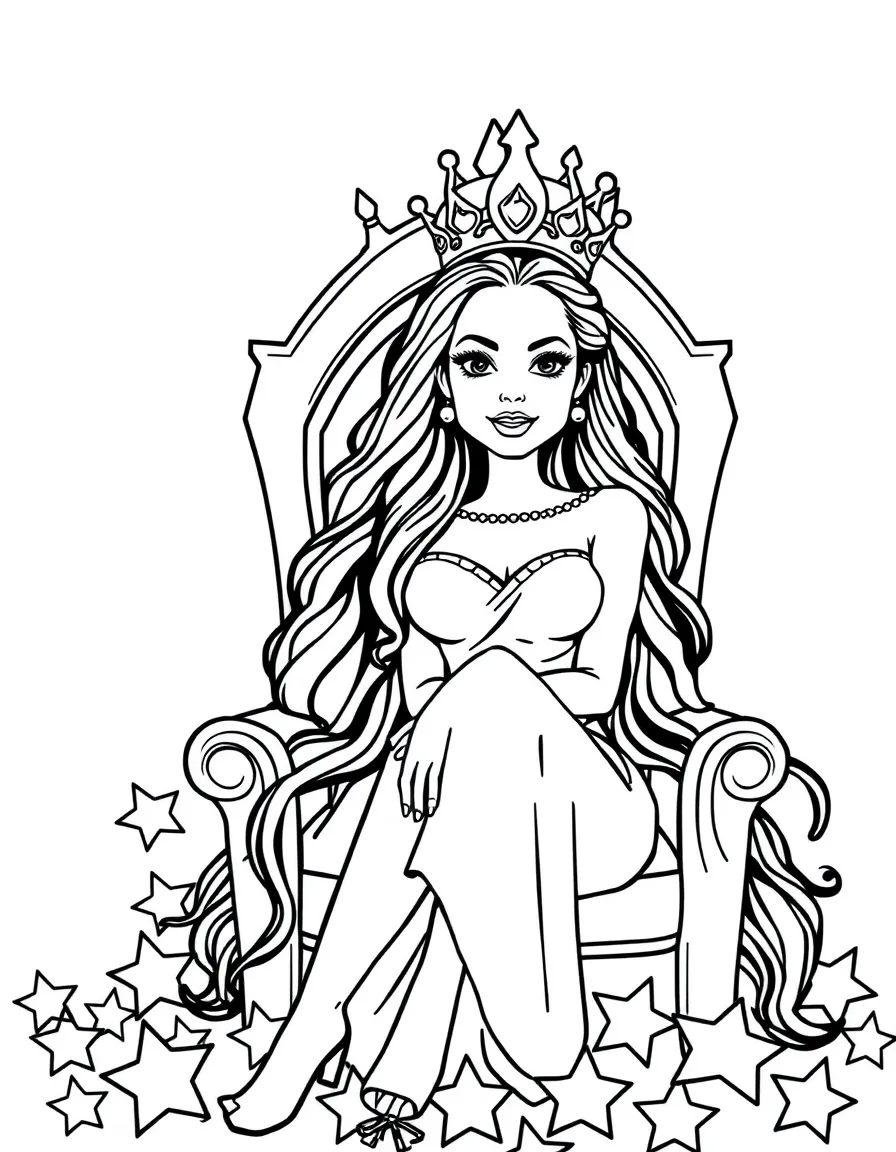 Angelina Jolie sitting on a throne made of stars with a crown – a fun and kid-friendly coloring page.