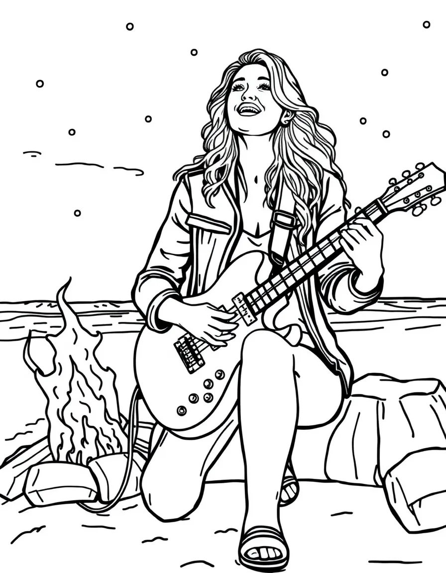 Blake Lively playing guitar at a beach bonfire – a fun and kid-friendly coloring page.