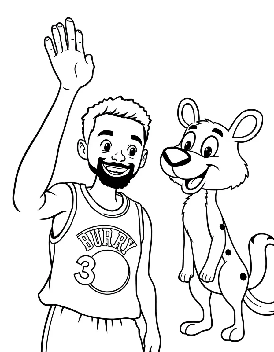 Stephen Curry giving a high five to a cartoon animal friend – a fun and kid-friendly coloring page.
