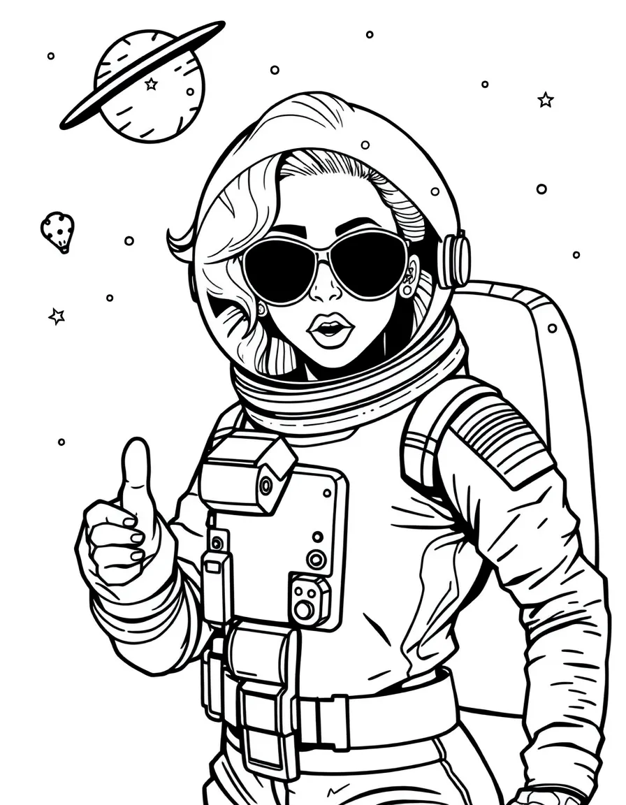 Lady Gaga exploring space in an astronaut suit – a fun and kid-friendly coloring page.