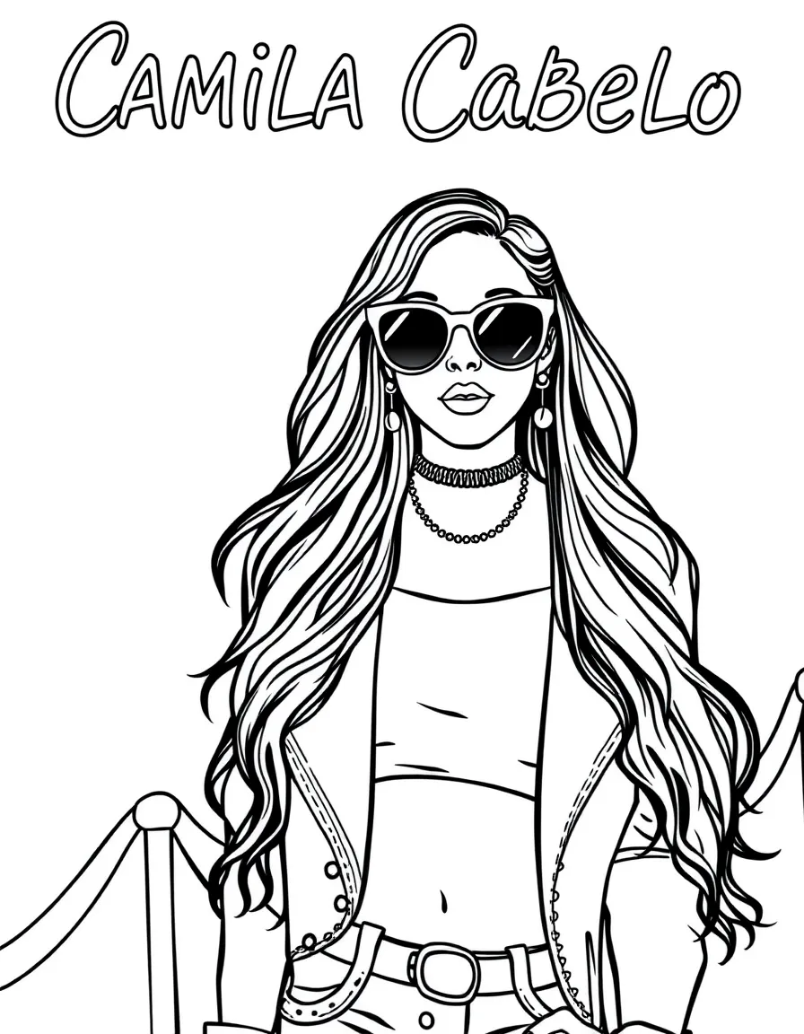 Camila Cabello posing with sunglasses and a cool outfit on the red carpet – a fun and kid-friendly coloring page.