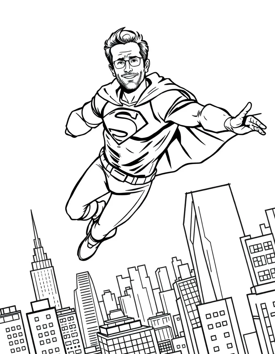Ryan Reynolds wearing a superhero cape and flying over a cityscape – a fun and kid-friendly coloring page.