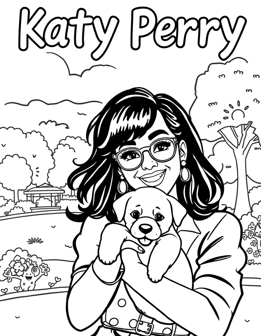 Katy Perry smiling and holding a puppy with a park background – a fun and kid-friendly coloring page.