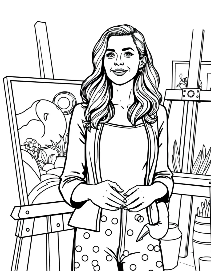 Anne Hathaway painting a picture at an art studio – a fun and kid-friendly coloring page.
