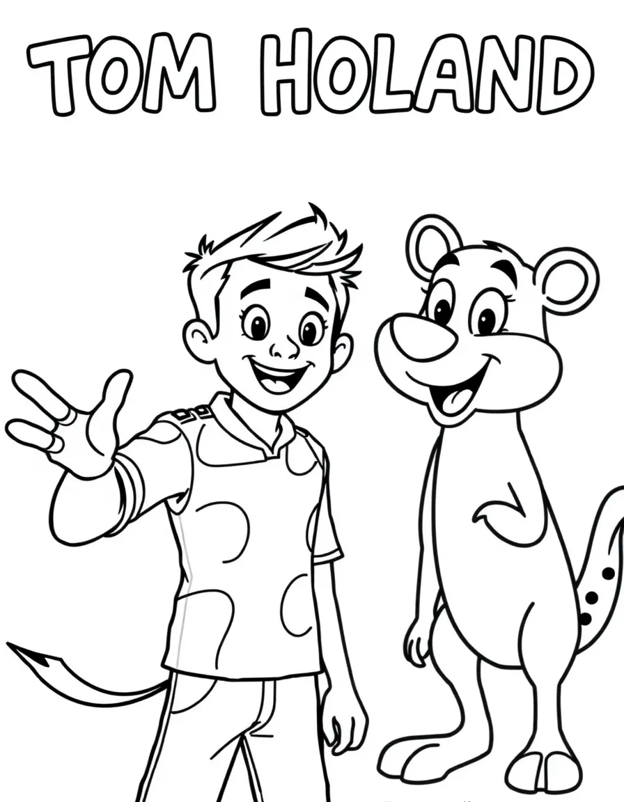 Tom Holland giving a high five to a cartoon animal friend – a fun and kid-friendly coloring page.