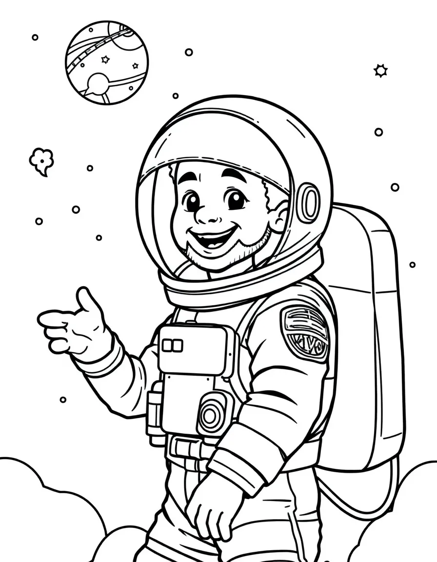 Stephen Curry exploring space in an astronaut suit – a fun and kid-friendly coloring page.