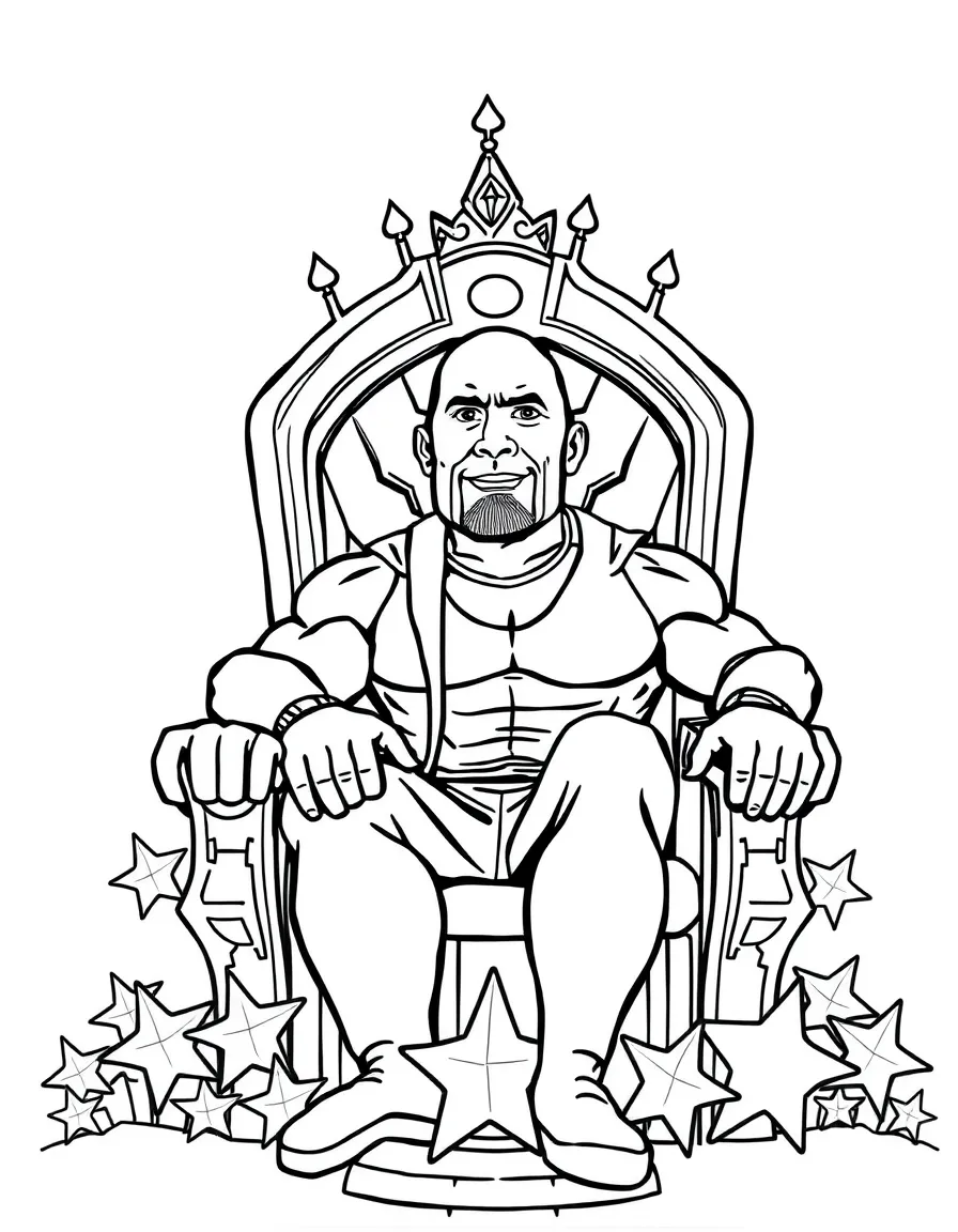 Dwayne Johnson sitting on a throne made of stars with a crown – a fun and kid-friendly coloring page.