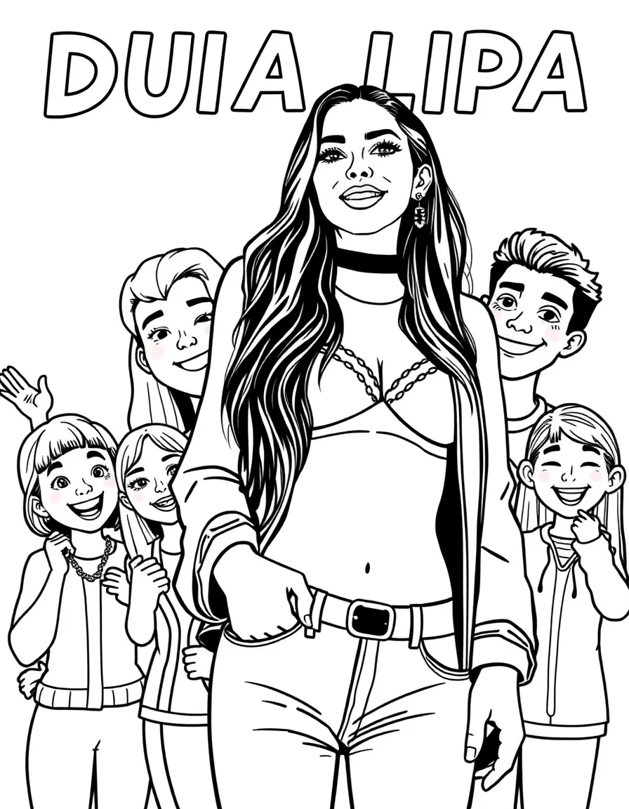 Dua Lipa posing with cartoon versions of their fans – a fun and kid-friendly coloring page.