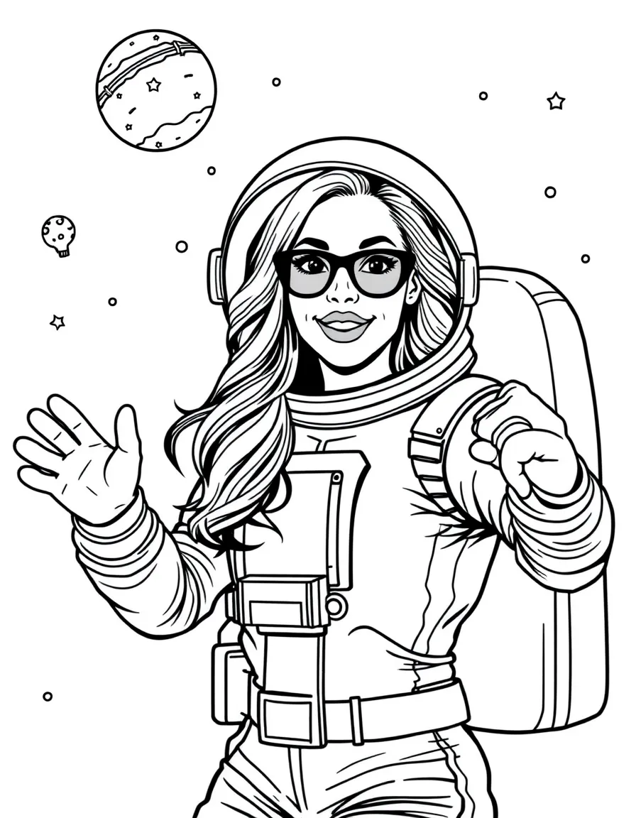 Jennifer Lopez exploring space in an astronaut suit – a fun and kid-friendly coloring page.
