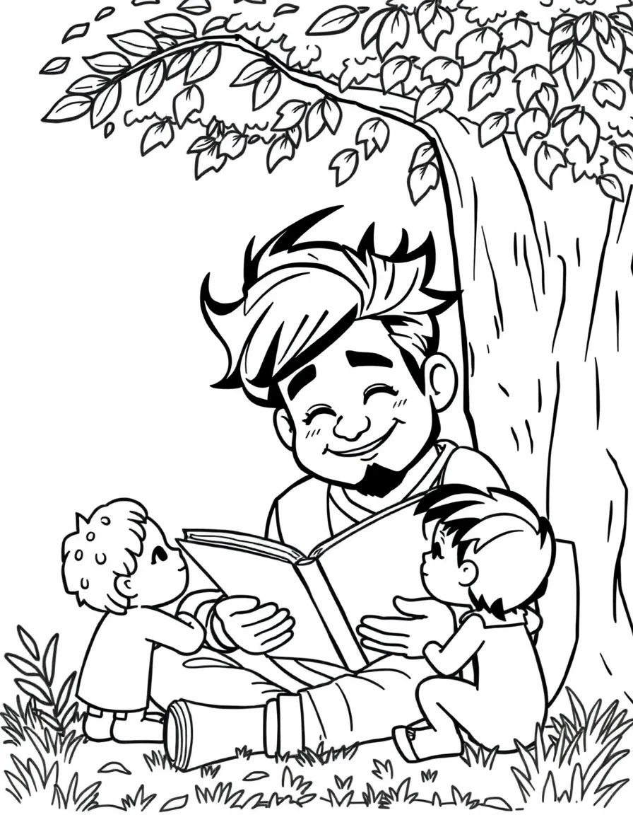 PewDiePie reading a storybook to children under a tree – a fun and kid-friendly coloring page.