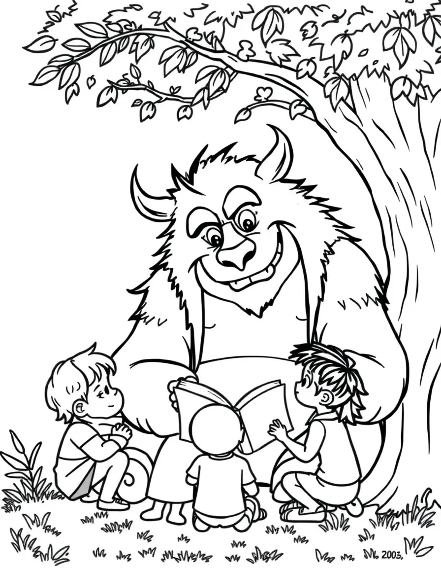 MrBeast reading a storybook to children under a tree – a fun and kid-friendly coloring page.