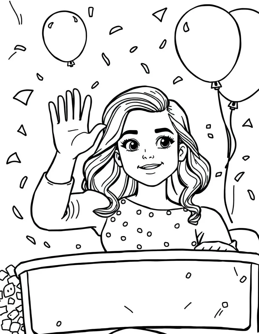 Emma Watson waving from a parade float with balloons and confetti – a fun and kid-friendly coloring page.
