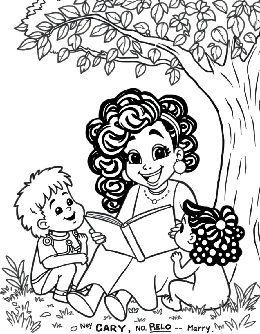 Cardi B reading a storybook to children under a tree – a fun and kid-friendly coloring page.