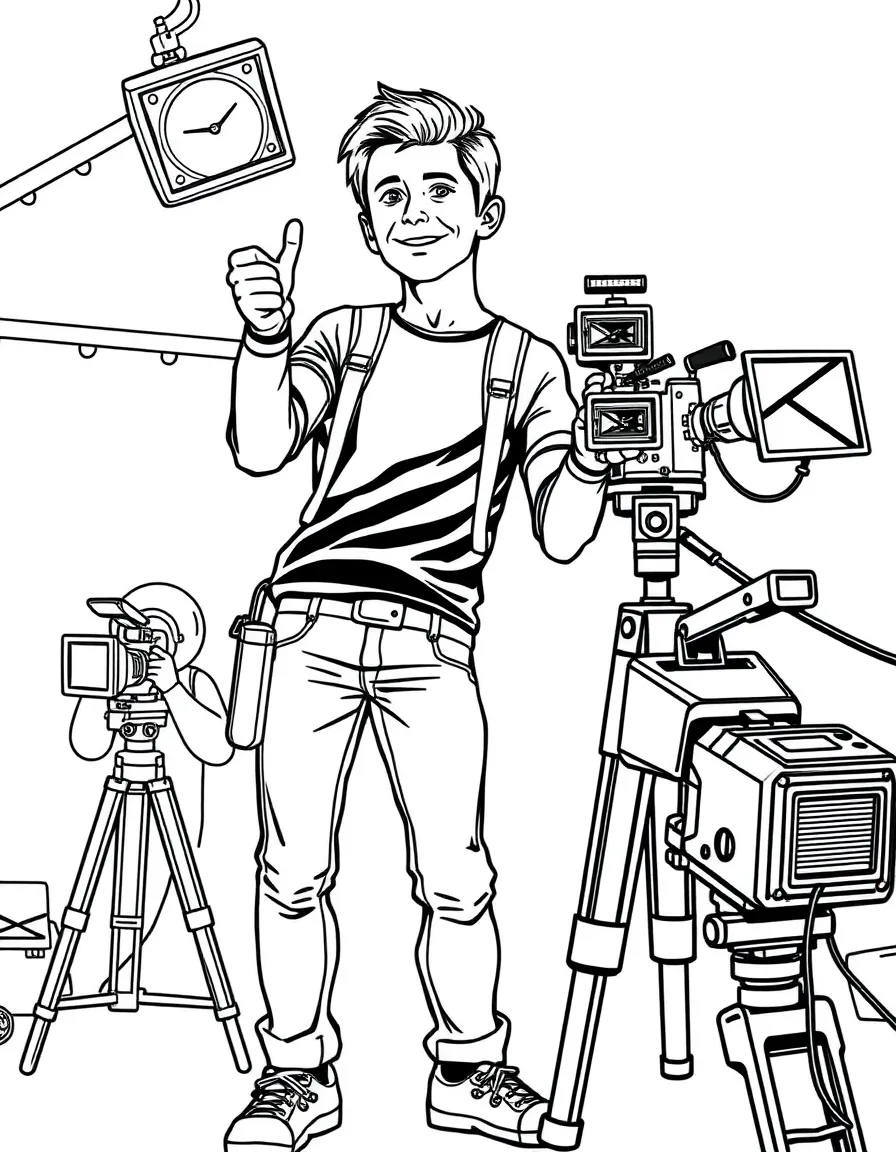 Tom Holland acting in a scene on a movie set with cameras – a fun and kid-friendly coloring page.