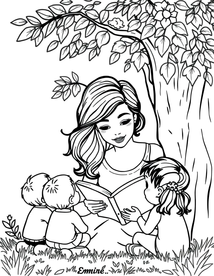 Emma Stone reading a storybook to children under a tree – a fun and kid-friendly coloring page.