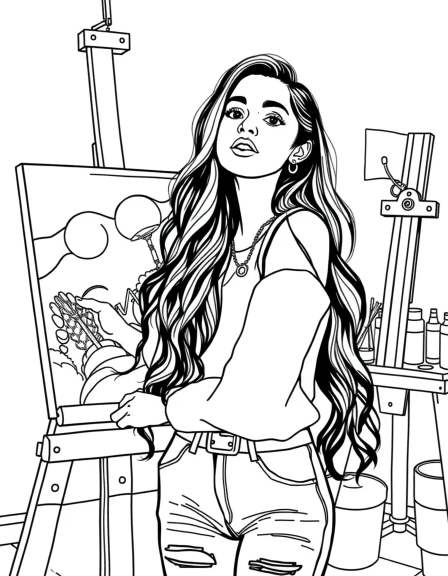 Camila Cabello painting a picture at an art studio – a fun and kid-friendly coloring page.