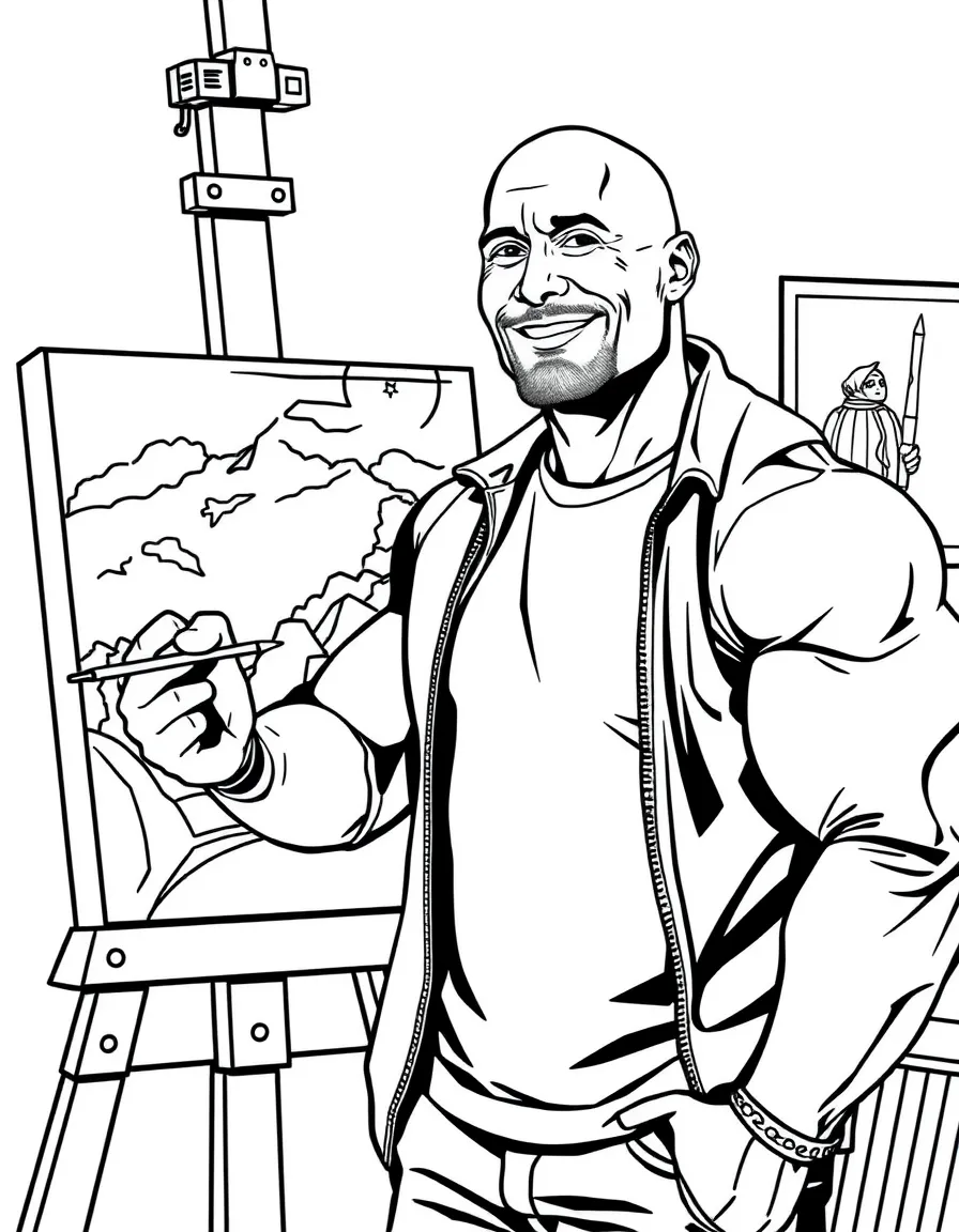 Dwayne Johnson painting a picture at an art studio – a fun and kid-friendly coloring page.
