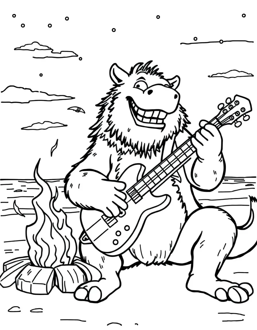 MrBeast playing guitar at a beach bonfire – a fun and kid-friendly coloring page.