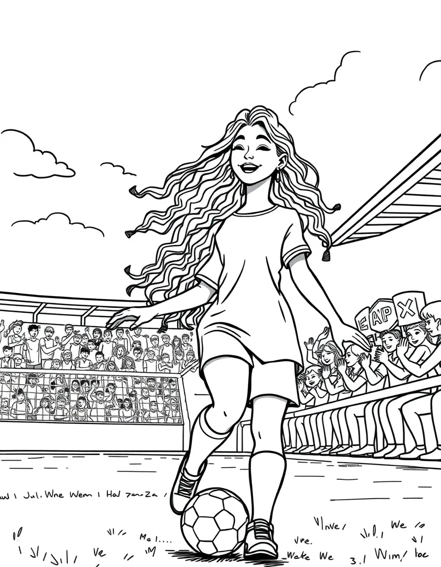 Zendaya playing soccer on a field with cheering fans in the stands – a fun and kid-friendly coloring page.