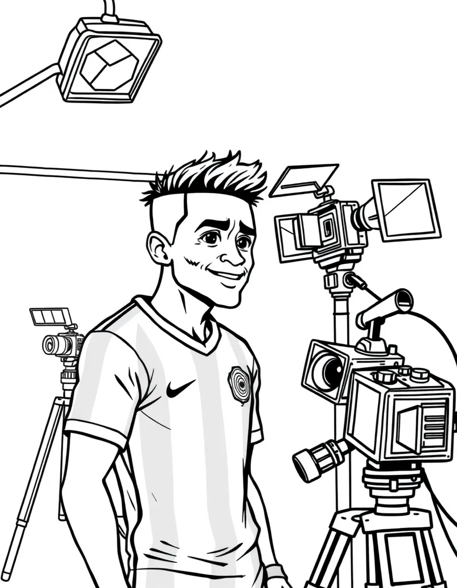 Neymar Jr. acting in a scene on a movie set with cameras – a fun and kid-friendly coloring page.