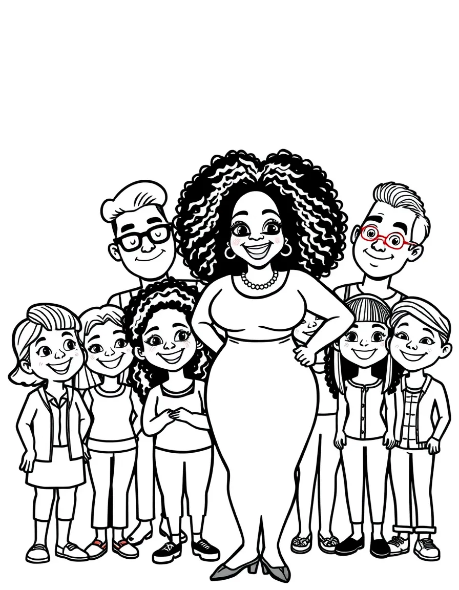 Oprah Winfrey posing with cartoon versions of their fans – a fun and kid-friendly coloring page.