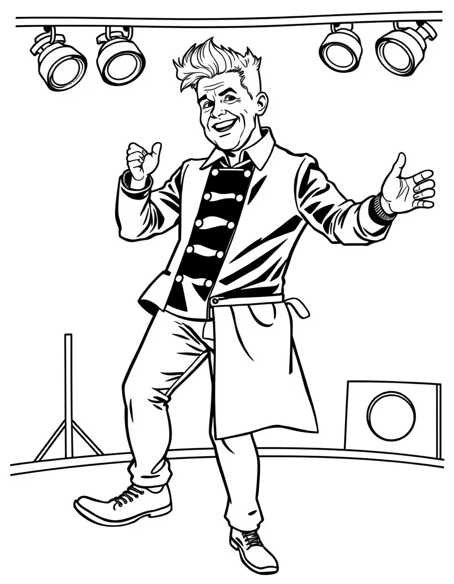 Gordon Ramsay dancing on a stage with spotlights and fun outfits – a fun and kid-friendly coloring page.