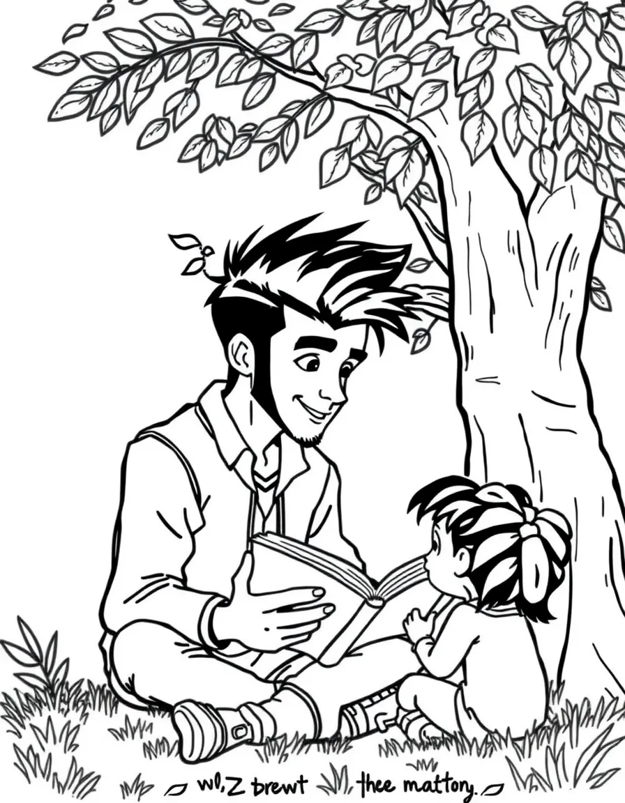 Zayn Malik reading a storybook to children under a tree – a fun and kid-friendly coloring page.