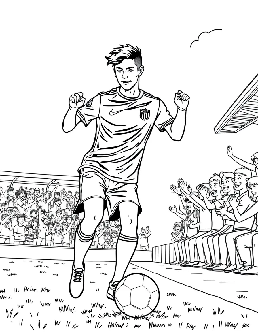 Shawn Mendes playing soccer on a field with cheering fans in the stands – a fun and kid-friendly coloring page.