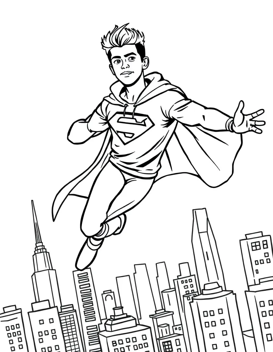 Zayn Malik wearing a superhero cape and flying over a cityscape – a fun and kid-friendly coloring page.
