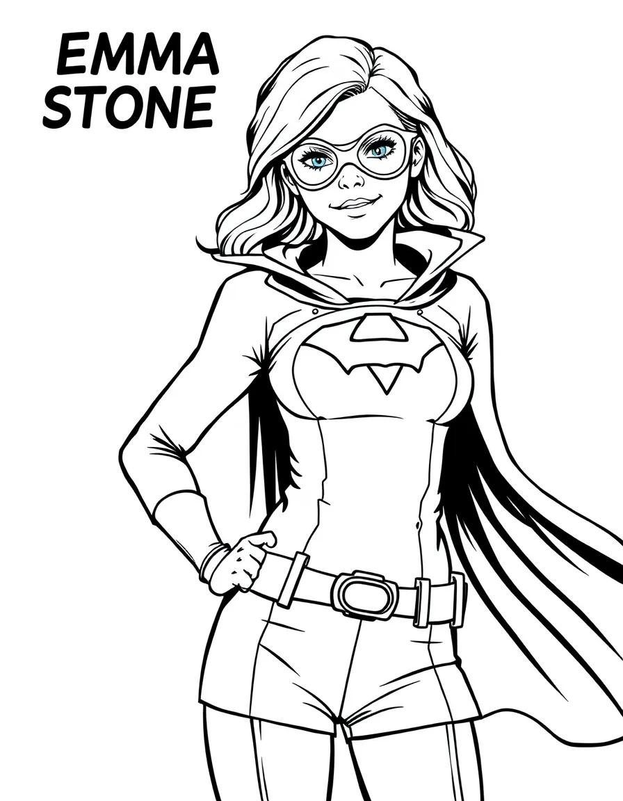 Emma Stone dressed as a superhero, ready to save the day – a fun and kid-friendly coloring page.