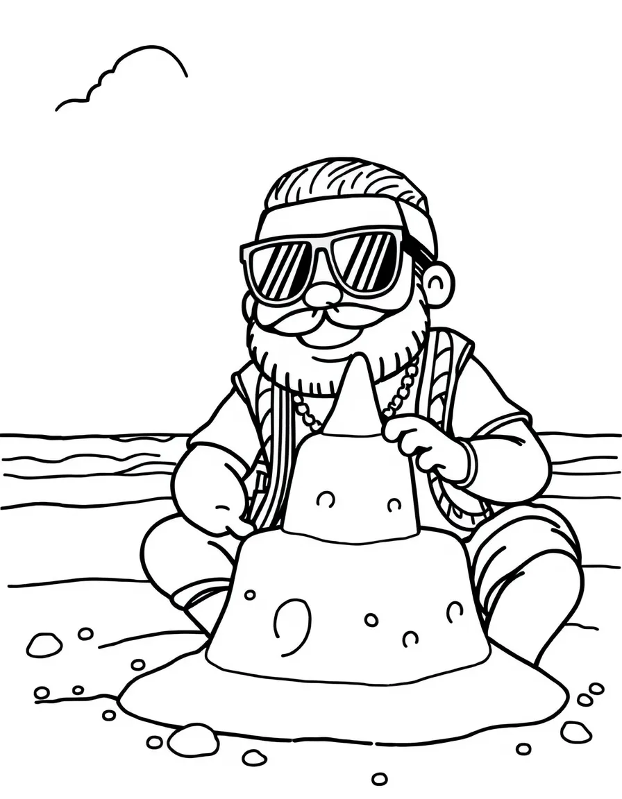 Post Malone building a sandcastle at the beach – a fun and kid-friendly coloring page.