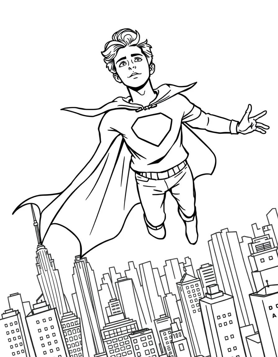 Timothée Chalamet wearing a superhero cape and flying over a cityscape – a fun and kid-friendly coloring page.