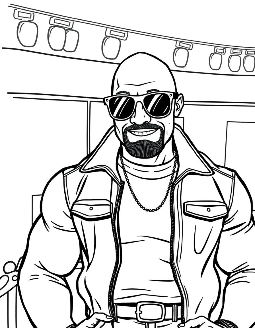 Dwayne Johnson posing with sunglasses and a cool outfit on the red carpet – a fun and kid-friendly coloring page.