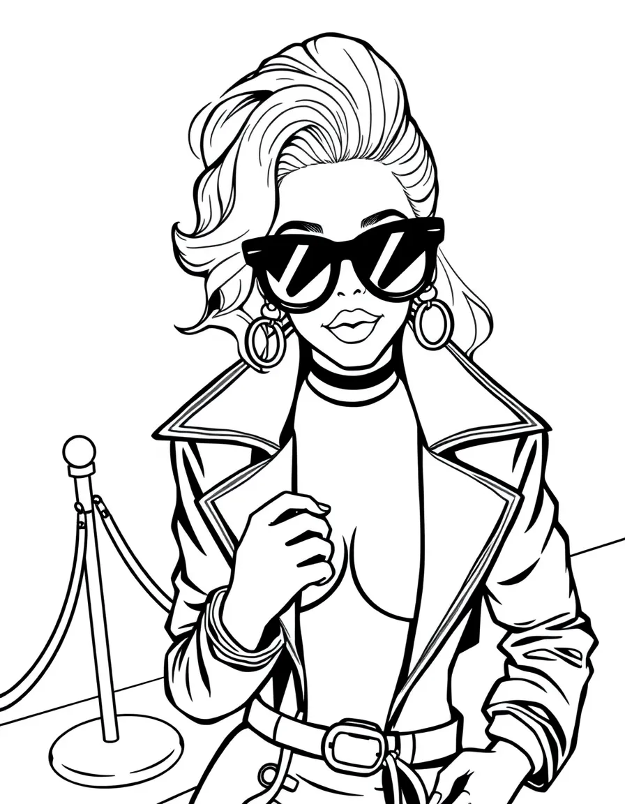 Lady Gaga posing with sunglasses and a cool outfit on the red carpet – a fun and kid-friendly coloring page.