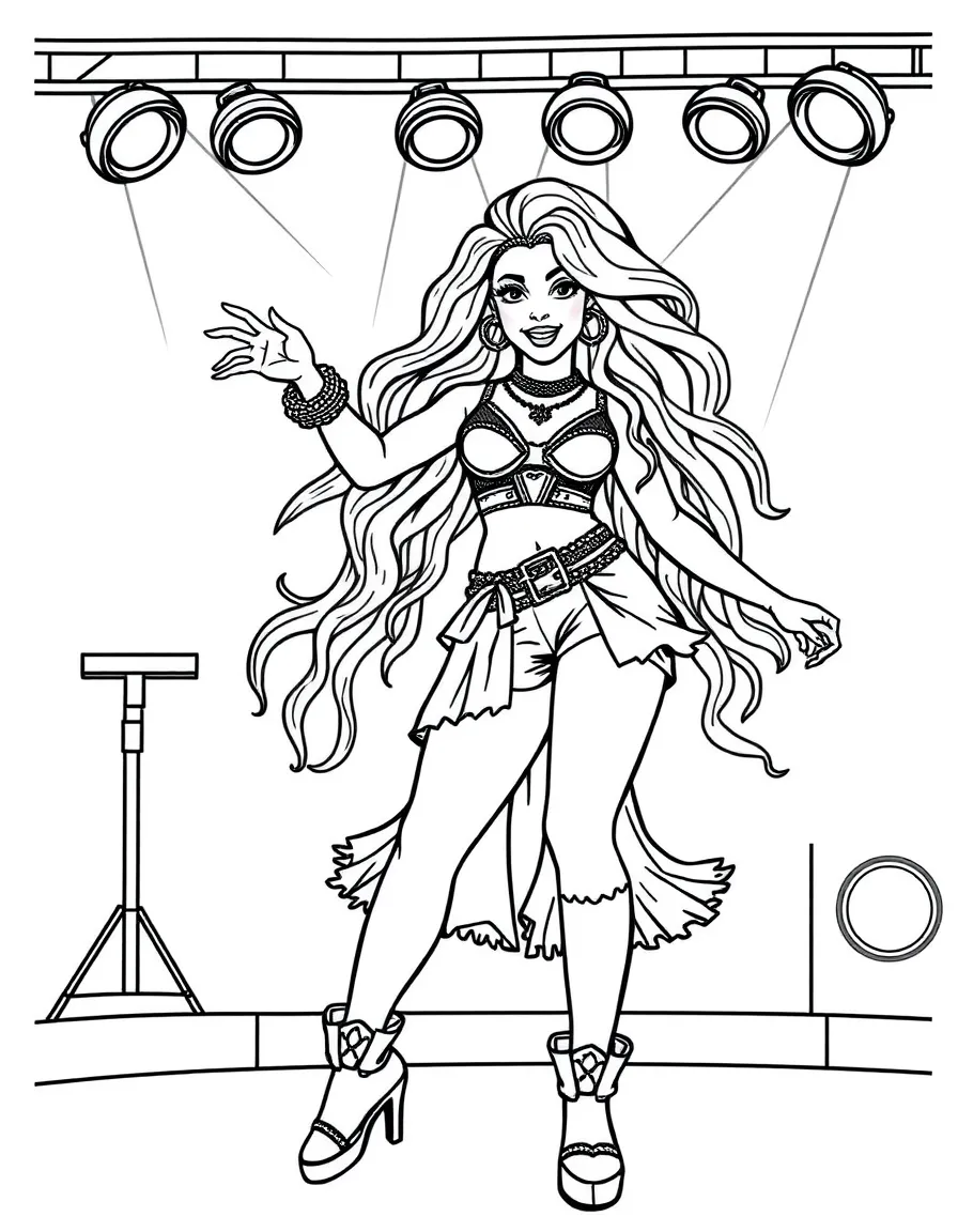 Shakira dancing on a stage with spotlights and fun outfits – a fun and kid-friendly coloring page.