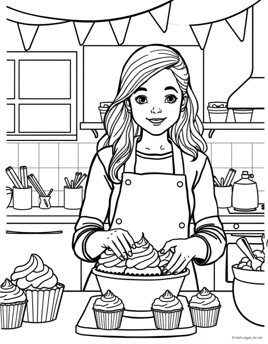 Greta Thunberg baking cupcakes in a colorful kitchen – a fun and kid-friendly coloring page.