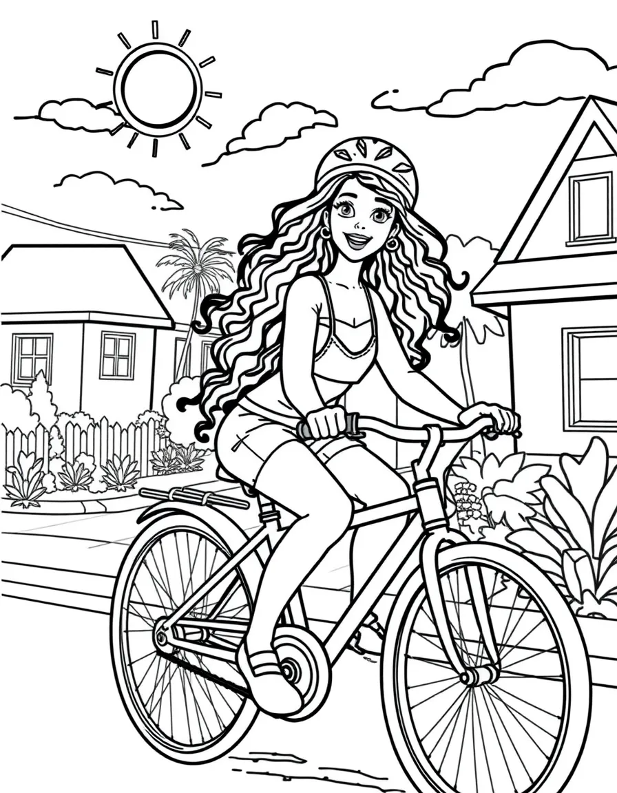 Zendaya riding a bicycle through a sunny neighborhood – a fun and kid-friendly coloring page.