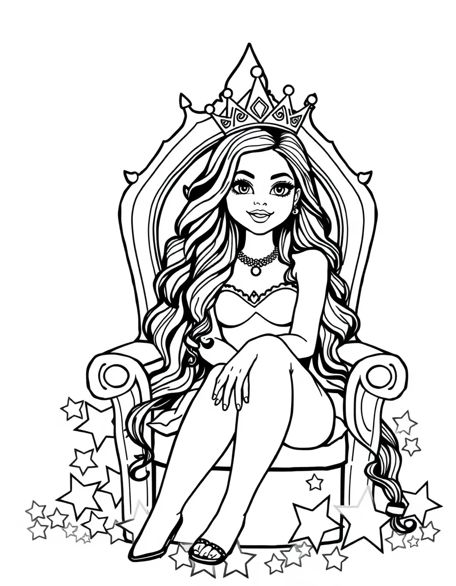 Selena Gomez sitting on a throne made of stars with a crown – a fun and kid-friendly coloring page.