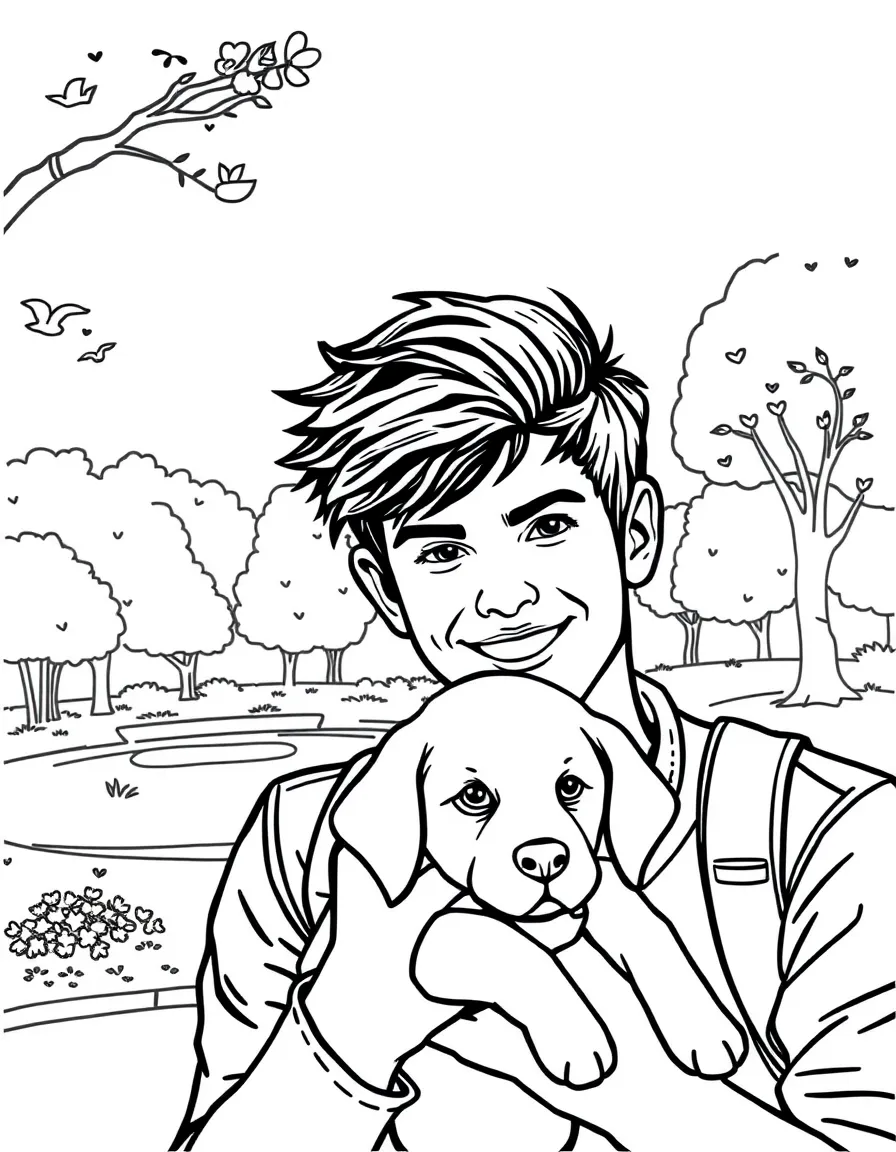 Taylor Lautner smiling and holding a puppy with a park background – a fun and kid-friendly coloring page.
