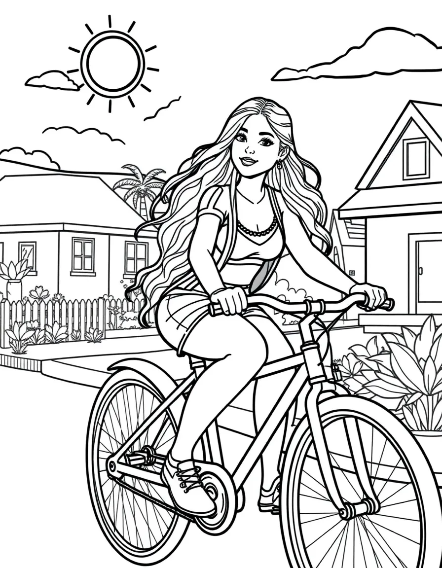 Ariana Grande riding a bicycle through a sunny neighborhood – a fun and kid-friendly coloring page.