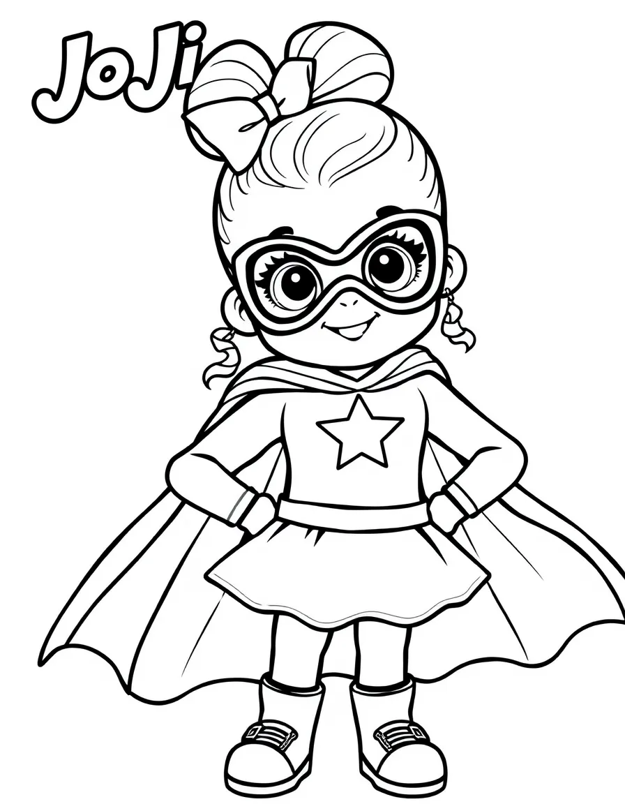 JoJo Siwa dressed as a superhero, ready to save the day – a fun and kid-friendly coloring page.