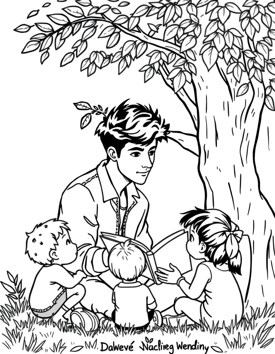 Shawn Mendes reading a storybook to children under a tree – a fun and kid-friendly coloring page.