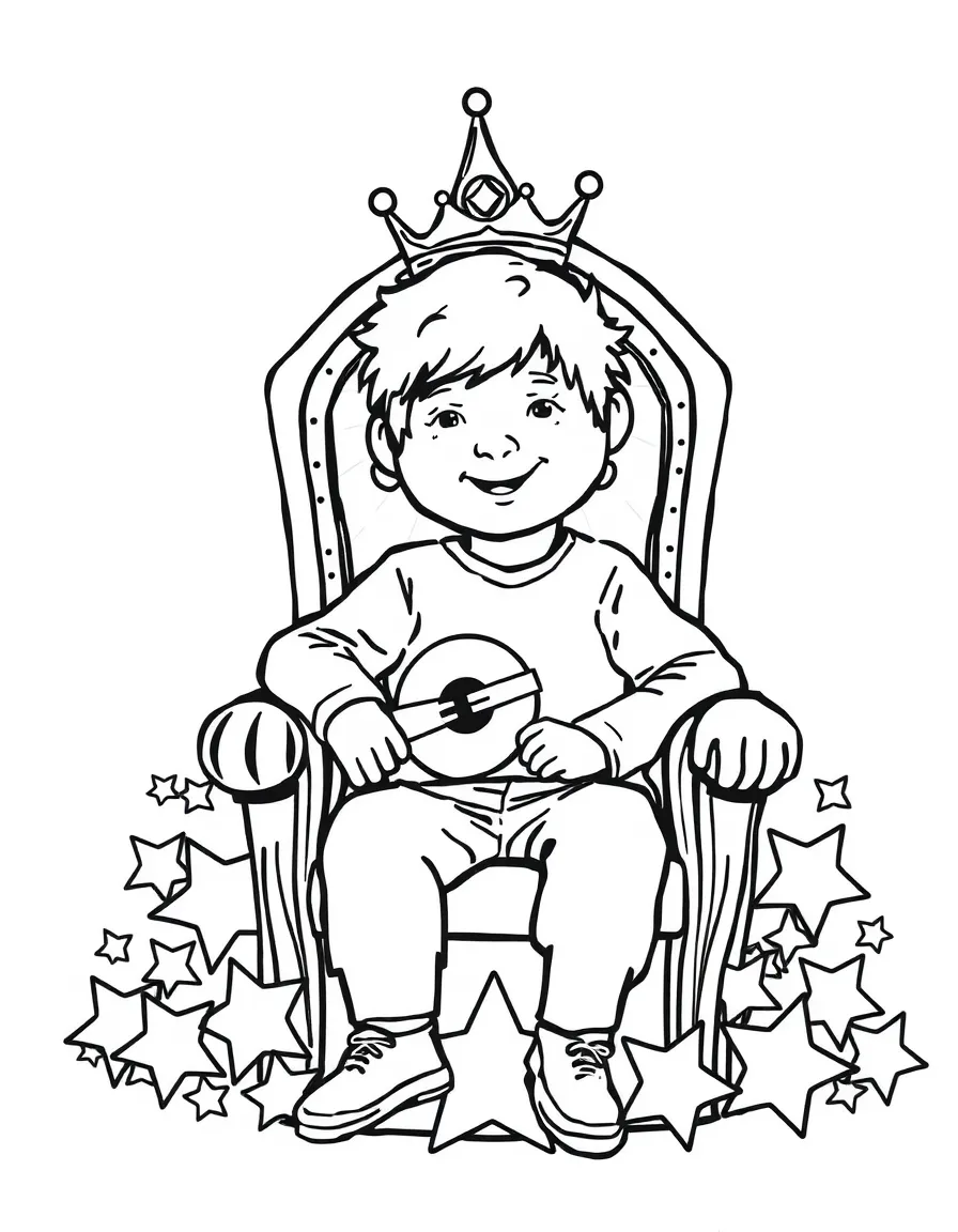 Ed Sheeran sitting on a throne made of stars with a crown – a fun and kid-friendly coloring page.