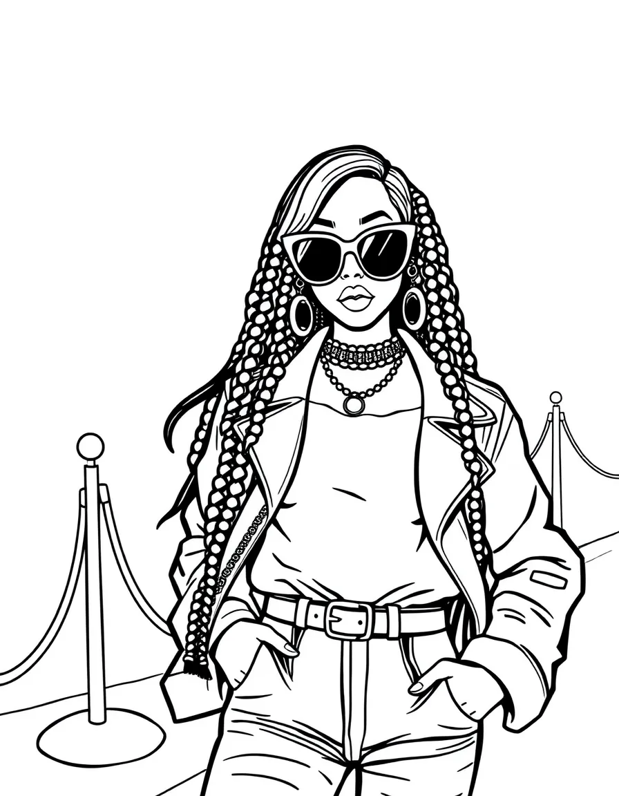 Cardi B posing with sunglasses and a cool outfit on the red carpet – a fun and kid-friendly coloring page.