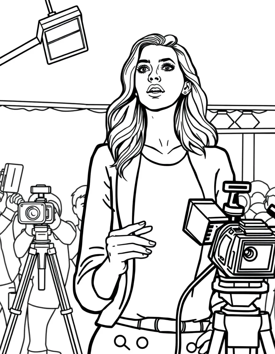 Anne Hathaway acting in a scene on a movie set with cameras – a fun and kid-friendly coloring page.