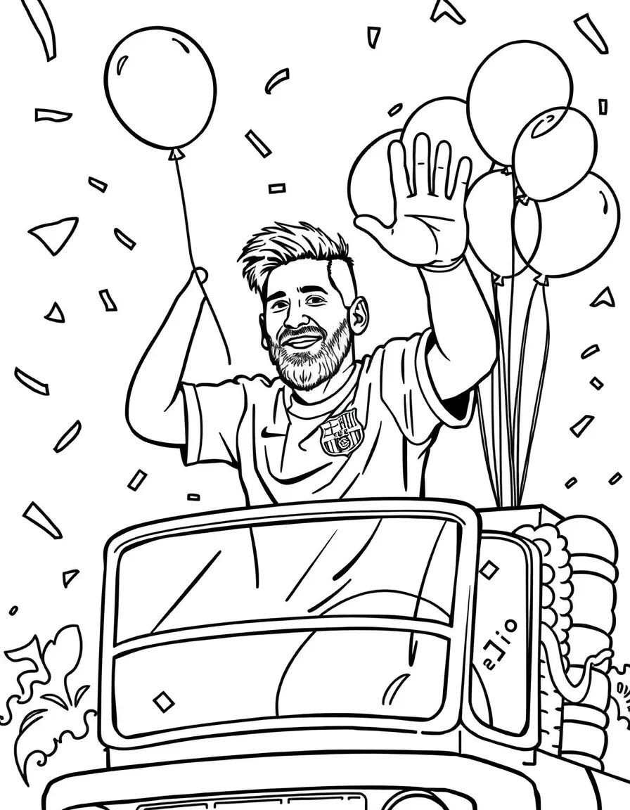Lionel Messi waving from a parade float with balloons and confetti – a fun and kid-friendly coloring page.