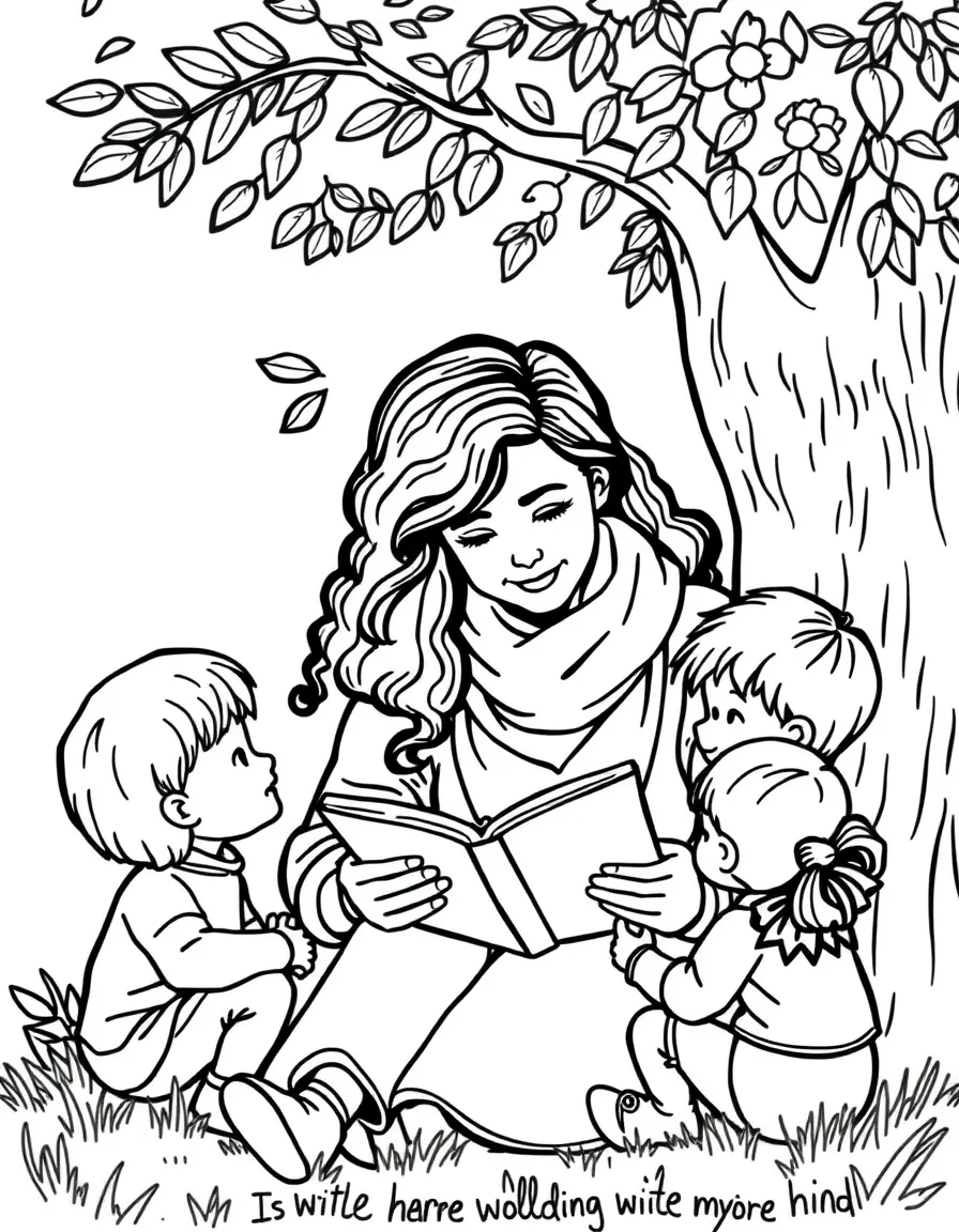 Greta Thunberg reading a storybook to children under a tree – a fun and kid-friendly coloring page.